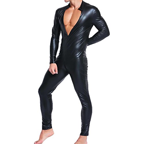 QiaTi Mens Full Body Leotard Long Sleeves Unitard Faux Leather Bodysuit (US XX-Large/With Tag XXXL)