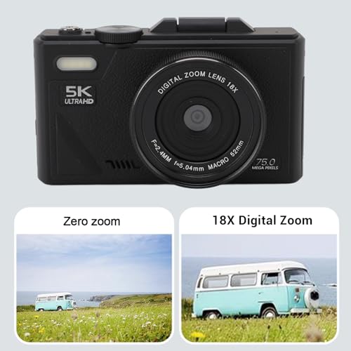 5K Digital Camera, 75MP HD 18X Zoom Autofocus Mirrorless Retro Camera with 3 Inch Screen and Smile Detection for Travel Photography