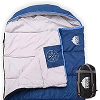 All Season XL Hooded Sleeping Bag with Compression Sack - Perfect for Camping, Backpacking, Hiking. Temperature Range 32-60°F. Fits Adults up to 6