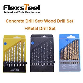 Generic Flexsteel 13PCS HSS Titanium Twist Drill Bits Set to Metal + 8PCS Woodworking Drill Bit Set + 8PCS HSS Rock Concrete Drill Set