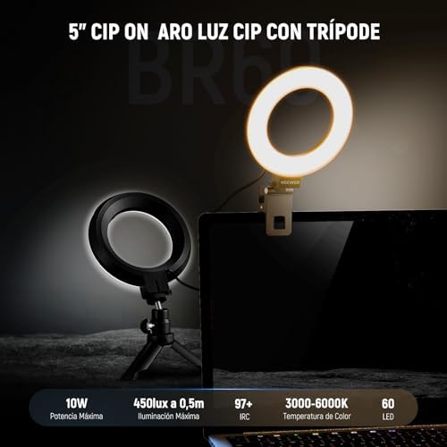 BÁSICO 5" Aro Luz con Mini Trípode Luz Videoconferencias Escritorio, Clip on Streaming Kit para Monitor Webcam Computadora Portátil Maquillaje Selfies Grabación Video, Paño de Limpieza, BR60