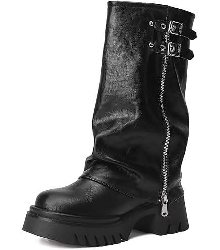 Amazon.com | MissHeel Fold Over Boots with Buckles Mid Calf Riding