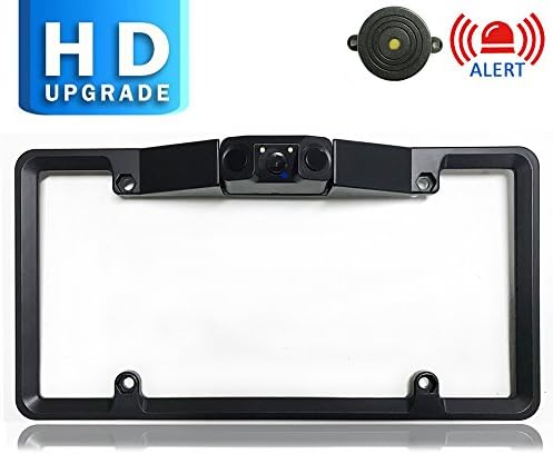 Camera License Plate Frame with Parking Sensor, Universal Car Rear View Camera Waterproof Backup Camera 2 LED Night Version Auto Reverse