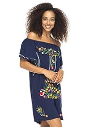 Volver desde Bali vestido corto para mujeres, sin hombros, túnica bordada estilo mexicano
