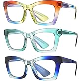 bullabulling 3 pack Oprah style Spring hinge Readers Blue Light Blocking Computer Square Reading Glasses for Women Men