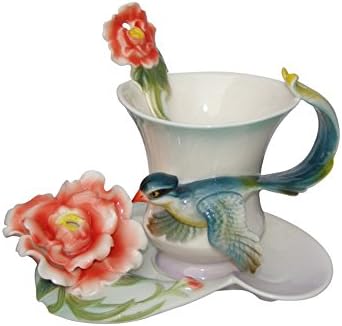 Angel Boy Hand Crafted Porcelain Enamel Delicate Flowers and Birds Tea Coffee Cup Set with Saucer and Spoon