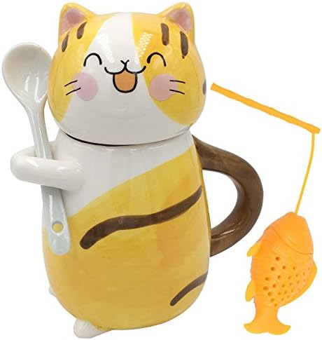 Dyshuai Handmade Ceramic Cute Kitty Mug Cat Coffee Mug Cat Mug with Stirrer 9.5 Oz (Yellow)