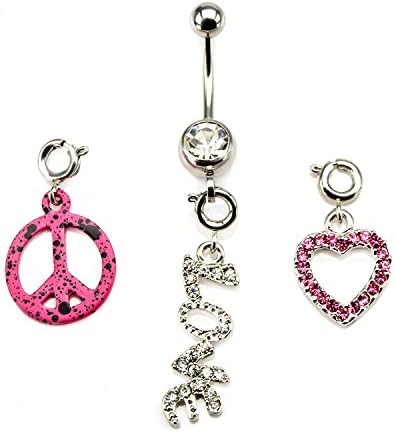 Christmas Holiday Gifts Jewelry-14g 7/16 Navel with Peace, Love & Heart in Gem changeable Charms