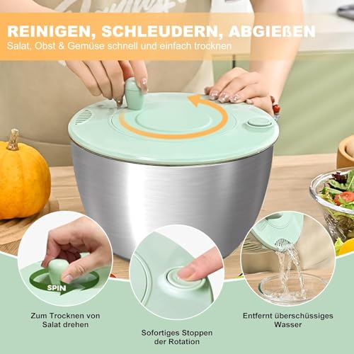 Souvik Stainless Steel Salad Centrifuge, 5L Lettuce Centrifuge with Drain, Vegetable Fruit Washing Machine Manual Dryer with Lid for Vegetables, Lettuce, Fruit