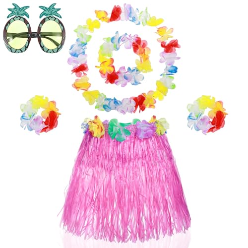 Hawaiian Grass Skirt, Flower Costume Set for Dance Birthday, Party Dance Skirt for Performance, Tropical Beach Party Outfits Kit Hawaiian Hula Costume Accessory Summer Party Dress Up for Girls