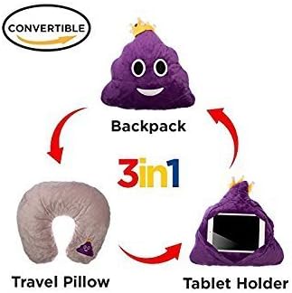 3 in 1 Emoji Pillow iPad Holder Backpack Travel Neck Pillow Smiley Emoticon Cushion Stuffed Soft Plush Toy (3in1 PURPLE QUEEN)
