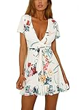 FFLMYUHULIU Women's Sexy V-Neck Floral Print Ruffle Short Sleeve Asymmetric Party Short Mini Dress (C037baise, S)