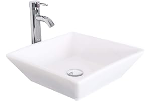 eclife Bathroom Ceramic Sink Bowl Classic White Square Porcelain Vessel Sink and Faucet Combo for Bathroom Countertop Bowl Sink & Chrome Pop Up Drain (A07)