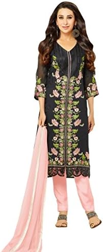 Hautewagon Women's Faux Georgette Suit With Chiffon Dupatta Free Size Black