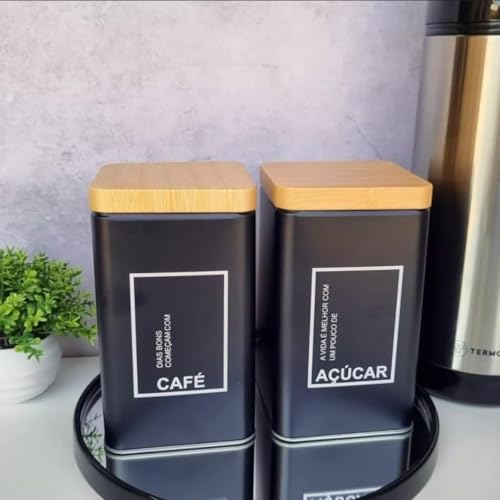 Conjunto de Potes Herméticos para Café e Açúcar Quadrado Metal Preto Fosco com Tampa na Cor Bambu Natural Decorativo Elegante Moderno Sofisticado Resistente e Boa Capacidade de Armazenamento