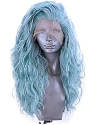 Side Part Pastel Blue Green Wigs Blend Color Synthetic Lace Front Wigs for Women Festival Cosplay Party Drag Queen Replacement Wear Long Water Curly Hair 22