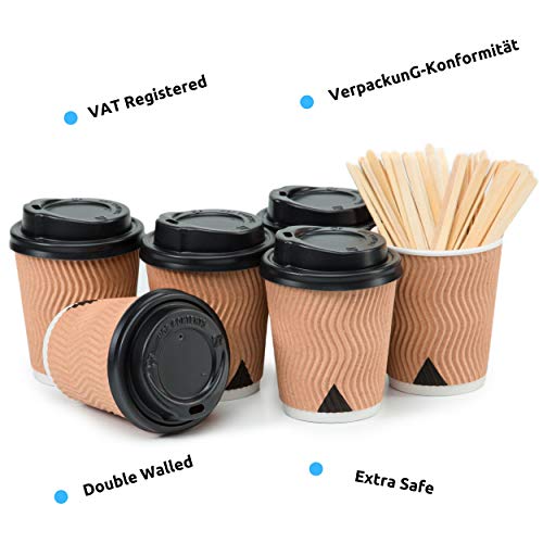 110 Kraft Gewellt Pappebecher Coffee To Go 240 ml 8 Oz mit Deckel und Holz Rührstäbchen Zum Servieren von Kaffee, Tee, heiÃen und kalten Getränken – Bild 3