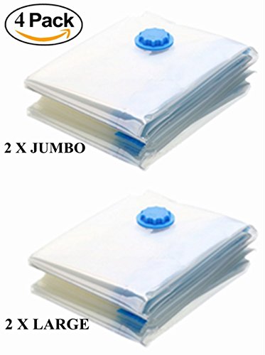 2 Large + 2 Jumbo Double-Zip Seal Space Saver Bags Work With Any Vacuum Cleaner + FREE Hand-Pump for Travel Clothes