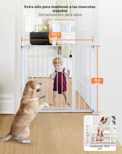 COMOMY Dog Gate, 91.5 cm Extra Tall, 75-103 cm Large Width Baby Safety Gate Automatic Closing, Durable Child Safety Barrier for Stairs, Pressure Mounted, White