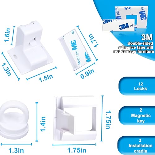 TERRIFI 12 PCS Baby Cabinet Safety Locks - Magnetic Child Proof Locks for Cabinets & Drawers, No Drill with 3M Adhesive - Includes 2 Keys, Easy Install for Secure Baby Proofing