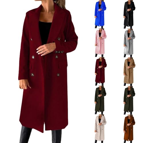 tacniseyw Long Trench Coats For Women Wool Blend Double Breasted Lapel Button Overcoats Warm Winter Jackets Ladies Elegant Classic Trench Coat Long Sleeve Windbreaker Outwear With Pockets