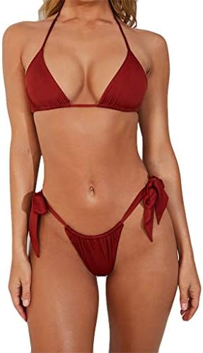 Mikilon Women's Thong Triangle Bikini Set Halter Side Tie Micro Swimsuit