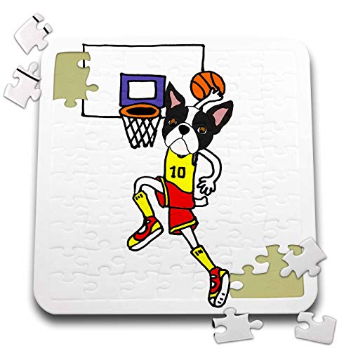3dRose All Smiles Art - Sports and Hobbies - Funny Boston Terrier Playing Basketball and Slam Dunking Ball - 10x10 Inch Puzzle (pzl_295896_2)