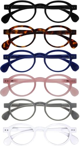OPULIZE OCA Reading Glasses - 6-Pack - Modern Retro Round Frame - Black Brown Blue Pink Grey White - Mens Womens - Spring Hinges - RRRRRR54-12347W - +3.50
