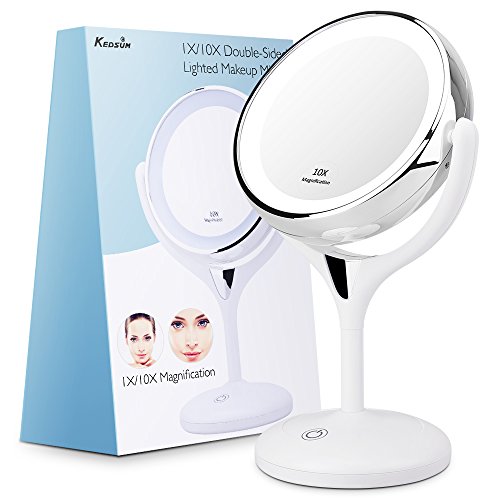 KEDSUM 1X/10X Double Sided Lighted Makeup Mirror, 360 Degree Swivel Tabletop Vanity Mirror,Cosmetic Regular/Magnifying Mirror with Lights, Dimmable Touch Button,Dual Power Supply