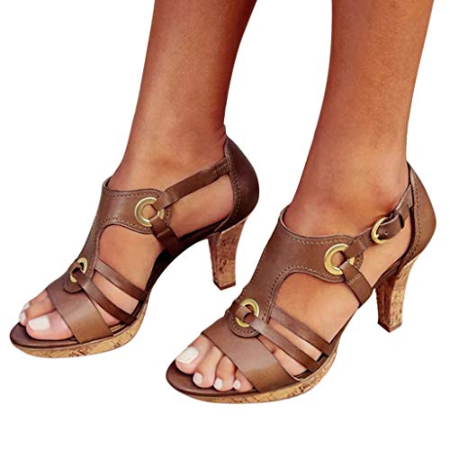 Sunhusing Women's Solid Color Metal Buckle Elastic Band Buckle High Heels Open Toe Sandals Roman Shoes Brown - Thumbnail 2