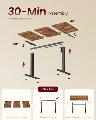 VASAGLE Electric Standing Desk, Height Adjustable Desk, Sedentary Reminder, 4 Memory Heights, for Home Office, 120 x 60 cm, Rustic Brown ULSD312KD02