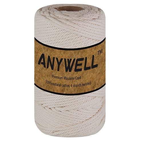 ANYWELL 4mm Thick Macrame Cord 218Yards (200m) - Heavy Duty 100% Cotton Rope for Hammocks & Large Wall Art | CE Certified, Biodegradable, Extra-Strong
