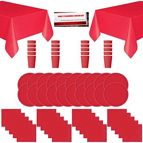 Red Solid Color Party Supplies Bundle Pack for 20 - Plates, Cups, Napkins and Table Covers (Plus Party Planning Checklist by Mikes Super Store) (Red)