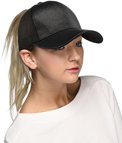 C.C Ponytail caps Messy Buns Trucker Plain Baseball Cap (BT-6) (Glitter-Black)