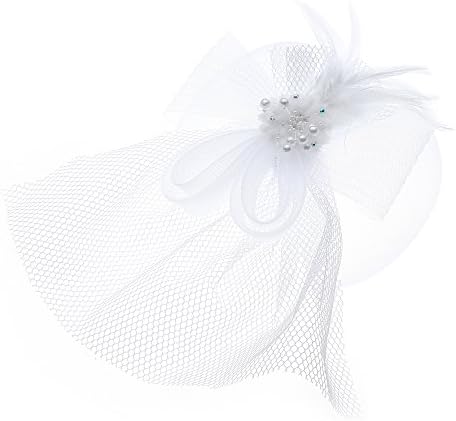 Navifoce Big Flower Mesh Net and Veil Fascinator Feather Bowknot & Pearl Decoration Headwear with Hair Clip Hat (White)