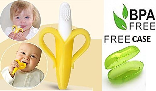 Trexee Infant Training Banana Toothbrush Teether with Soft Bristles Non-Toxic BPA Free Silicon (Yellow) with Free Carry Case