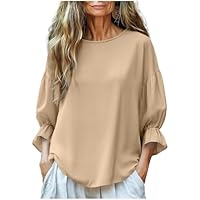 Linen Shirts for Women Loose Fit Linen Shirts for Women Loose Fit Comfy Spring Tops 2026 Ruffle Sleeves 3/4 Length Sleeve Womens Shirt Summer Vacation Khaki S