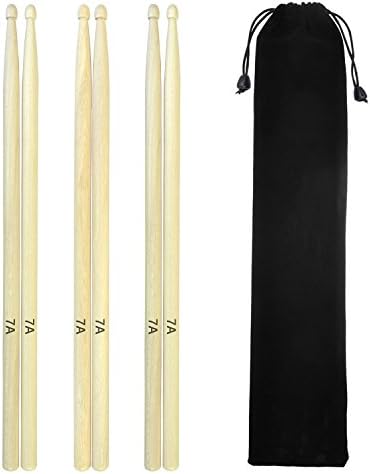 Sywon 7A Drumsticks Hard Maple Wood Drum Sticks Student Drum Sticks Wood Tip with Carry Bag, 3 Pairs