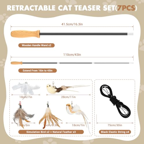 ROSAUI 2 x cat fishing rod, long, interactive cat toy with 2 birds and 3 feathers, cat toy for kittens, cat toys, stable, 107 cm