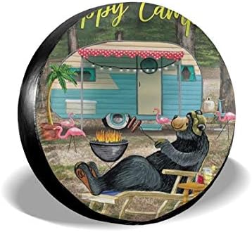 AMRANDOM Spare Tire Cover Wheel Cover Happy Camper Bear Universal Tire Covers for Trailer RV SUV Truck Camper Travel Trailer Auto Accessories - 14 Inch
