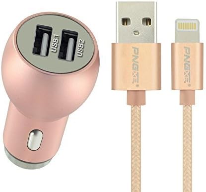 High Quality Metal Alloy Dual Usb Car Charger Adapter with 8 Pin USB Lightning Cable Universal for Iphone 5 /5s /6 /6s / 6 Plus / 6s Plus (Pink)
