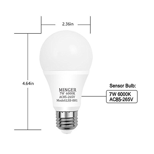 Dusk to dawn Lights Bulb, MINGER 7W Smart Automatic LED Bulbs 60W Equivalent A19with Auto on/off, Indoor/Outdoor Lighting Lamp for Porch, Hallway, Patio, Garage (E26/E27, Cold White) [2-Pack]