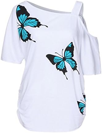 VESNIBA Women Butterfly Printing Crop Cold Shoulder Tops Shirt Cami Blouse Plus