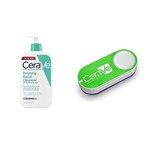 CeraVe Foaming Facial Cleanser 16 oz for Daily Face Washing, Normal to Oily Skin + CeraVe Cleanser Dash Button