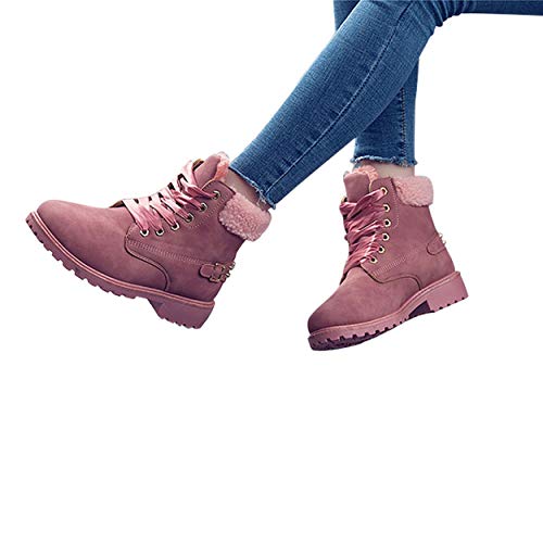 Susanny Women's Warm Snow Boots Ankle Lace up Short Combat Boot Slip on Winter Low Heel Fur Booties Pink - Thumbnail 7