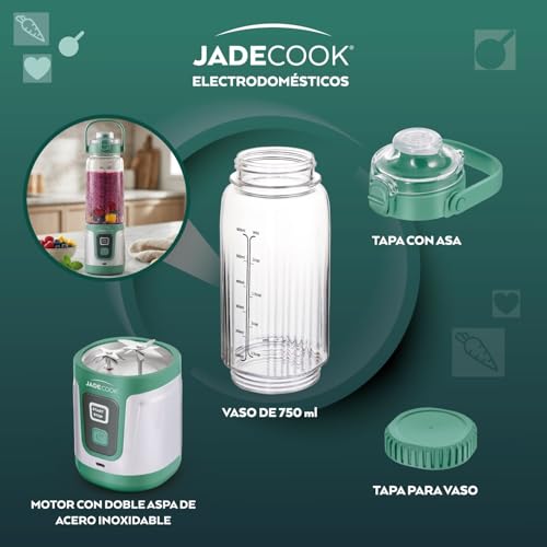 JadeCook Licuadora Portátil Recargable Jade Electro con Vaso de 750 ml, Doble Aspa, para Smoothies y Jugos, Tritura Hielo, Mezcla y Bate, Color Verde