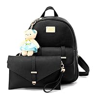 BAG WIZARD Black Small Backpack Cute Bookbag Purse for Teen Girls with Bear Keychain