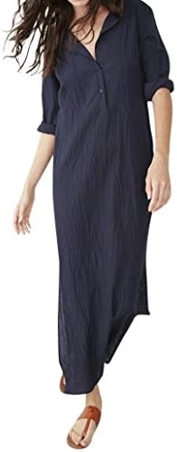 Misaky Women's 2018 Linen Dress Fall Casual Long Sleeve O-Neck Button Splits Shirt Baggy Dress