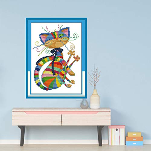 Stamped Cross Stitch Kits Pre-Printed Cross-Stitching Starter Needlepoint Pattern for Beginners Adults, Embroidery Kits for Girls Crafts DMC Cross-Stitch Needlework-Seven Color Cat - Thumbnail 5