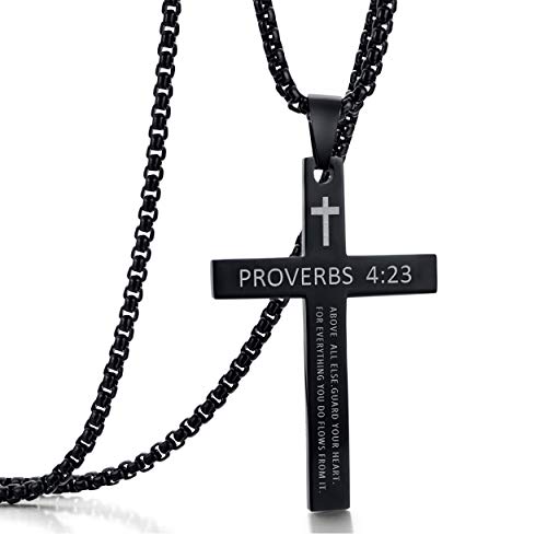 Rehoboth Stainless Steel Cross Pendant Necklaces Bible Verse Proverbs 4:23 Pendant for Men or Women Chain 24 Inch Black Gold Silver
